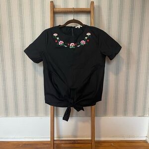 Bleuh Ciel Black Floral Embroidered Tie-Front Women's Boho Cottage-core Top